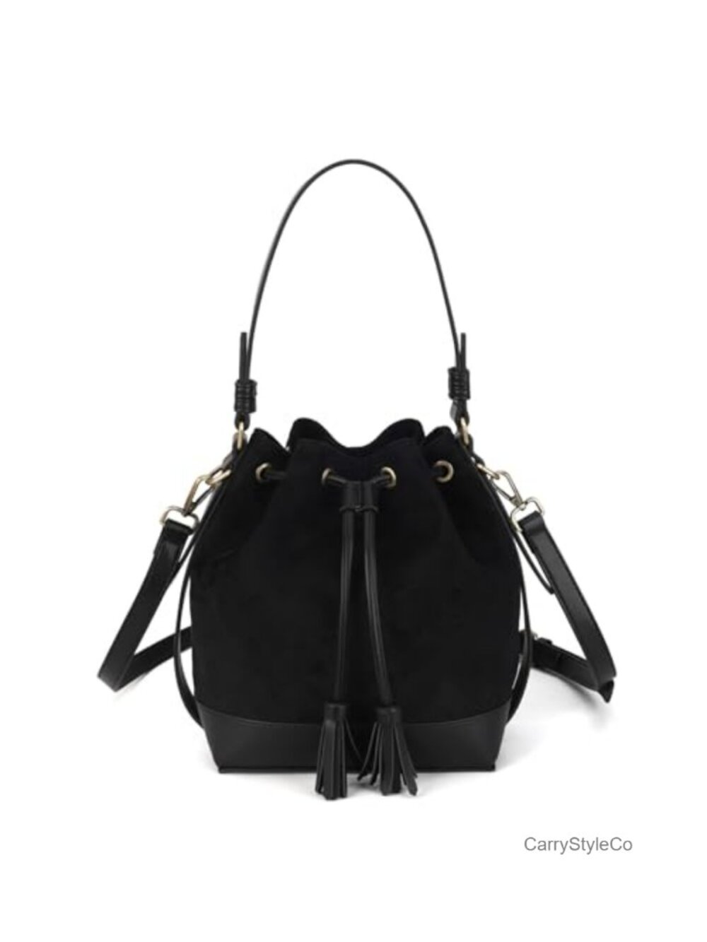 Faux Suede Bucket Bag Drawstring Crossbody Purse with Tassels